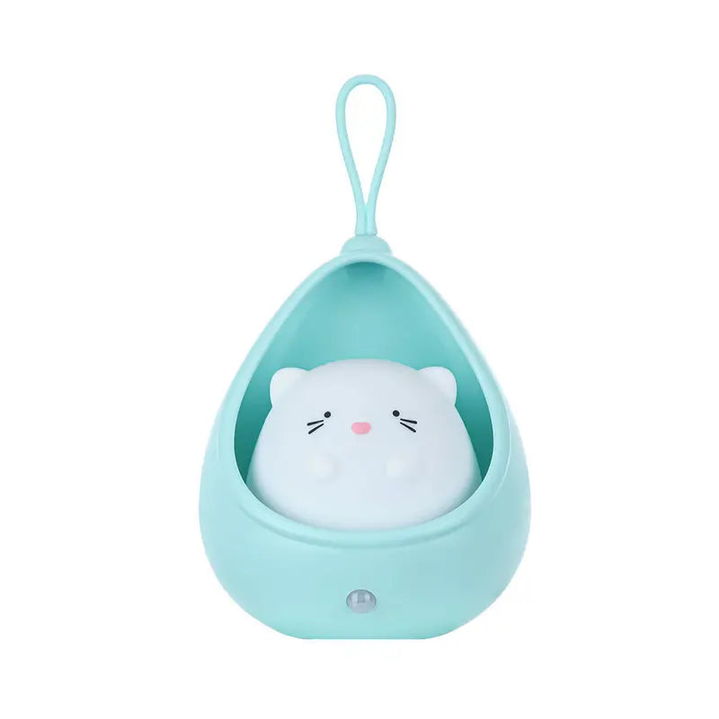 Türkisfarbene Nachtlampe Katze, Silikon, tragbar, Kinderzimmer-Dekoration, LED-Licht.