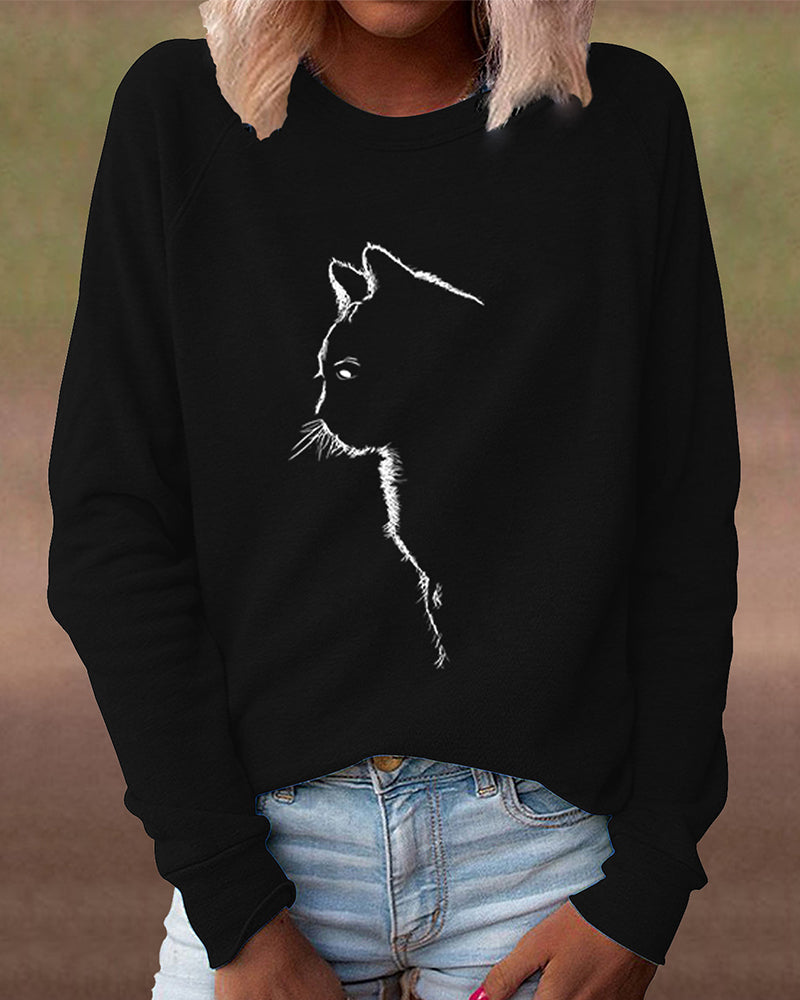 Schwarzer Damenpullover mit Katzenmotiv, lässig, Baumwolle, Langarm, modisch.
