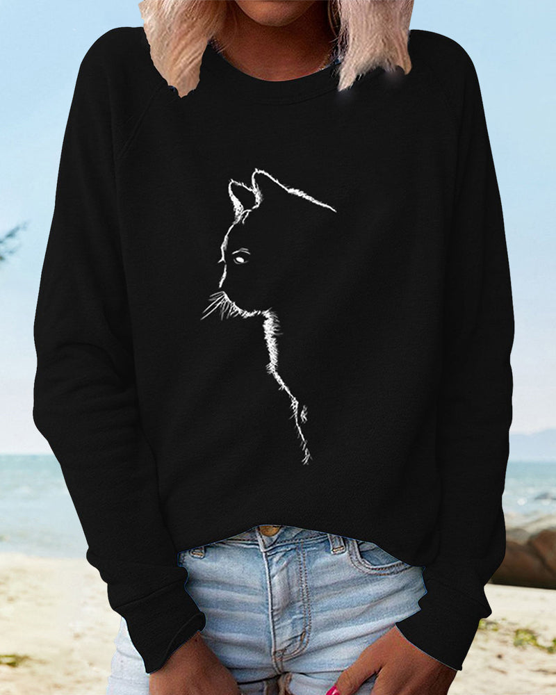 Schwarzer Damenpullover mit Katzenmotiv, lässig, Strandhintergrund, Baumwolle, Langarm.