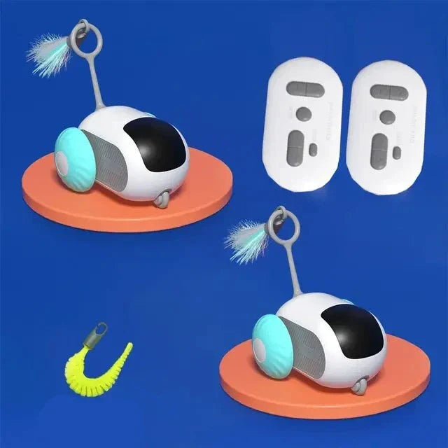 Spielzeug-Roboter für Katzen, weiß-blau, mit Federn, auf orangefarbenem Podest, blauem Hintergrund.