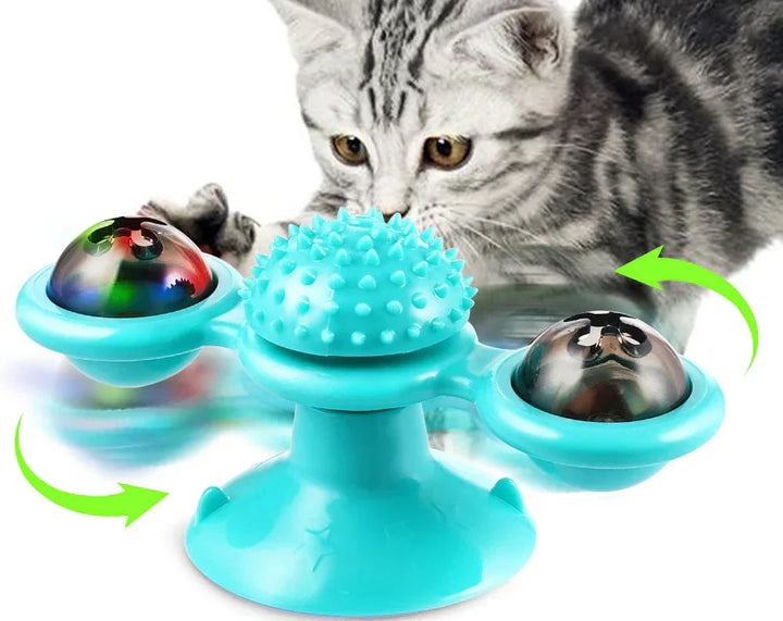 Katzenspielzeug mit Saugnapf, drehbar, türkis, mit Bällen und Noppen, interaktives Spielzeug.