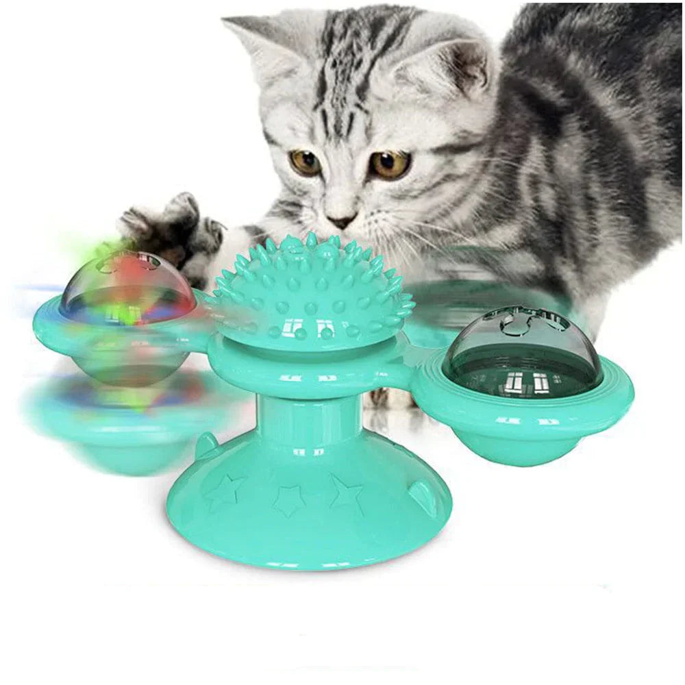 Katzenspielzeug mit rotierendem Ball, türkis, interaktiv, für Unterhaltung und Bewegung.