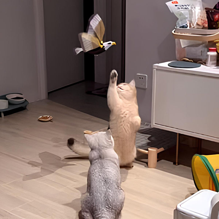 Zwei Katzen spielen mit fliegendem Vogelspielzeug im Wohnzimmer.