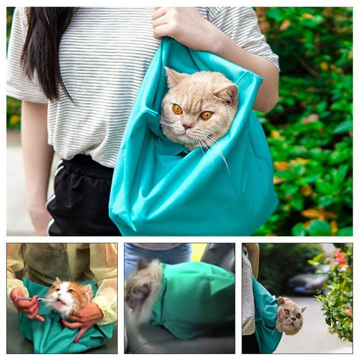 Person trägt Katze in türkisfarbener Tragetasche, Haustiertransport, bequem, praktisch.