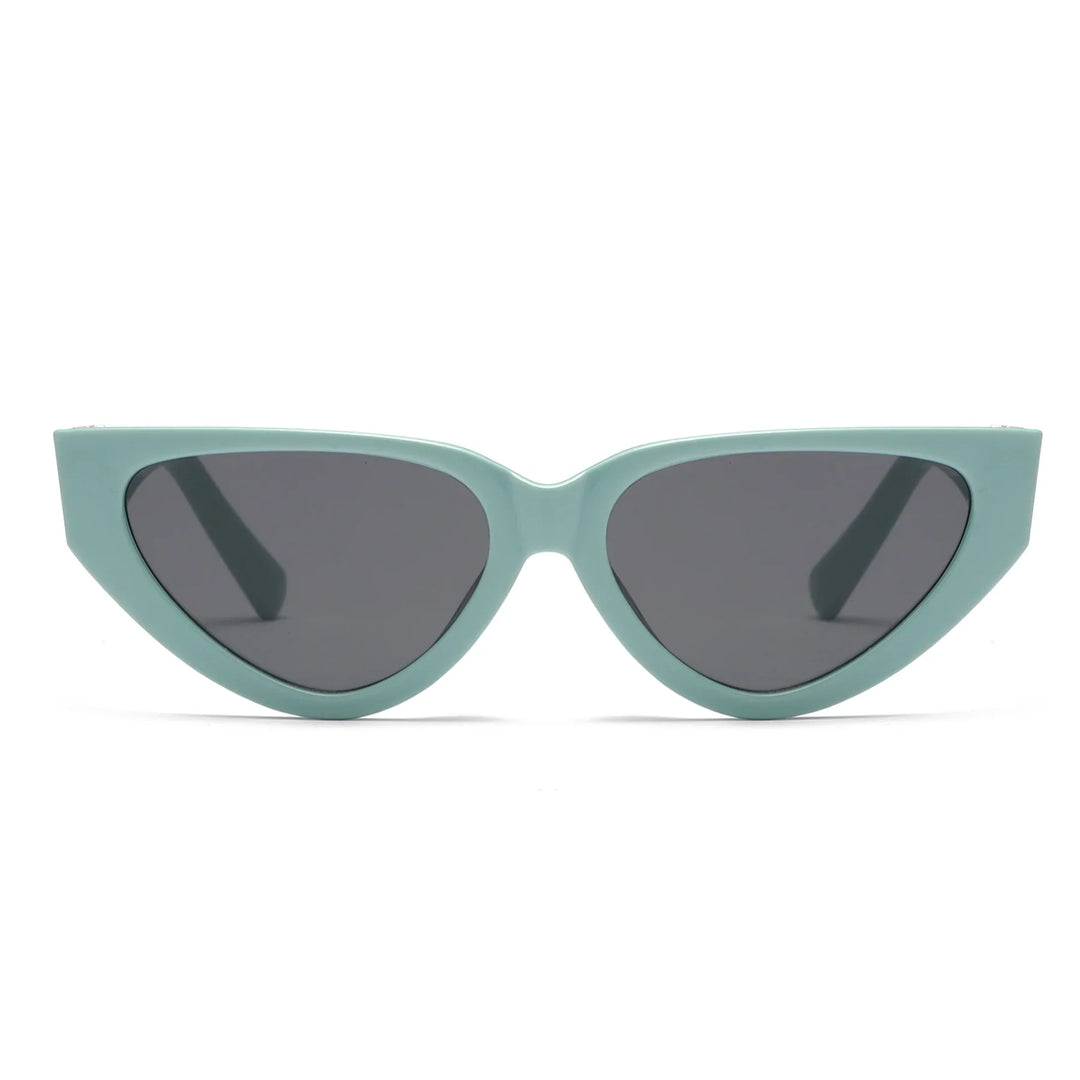 Katzenaugen-Sonnenbrille, mintgrüner Rahmen, dunkle Gläser, modisches Accessoire.
