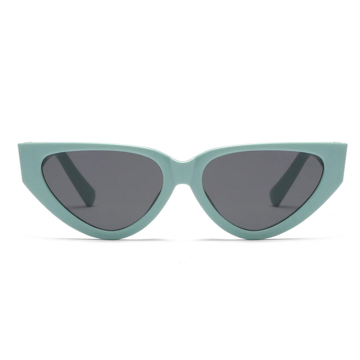 Katzenaugen-Sonnenbrille, mintgrüner Rahmen, dunkle Gläser, modisches Accessoire.