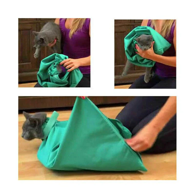 Dreiteiliges Bild: Katze in grünem Katzensack, Haustierpflege, einfaches Handling.