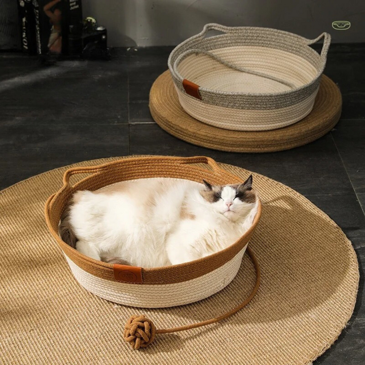 Katze in rundem, braun-weißem Baumwollkorb auf Teppich, gemütlich liegend.