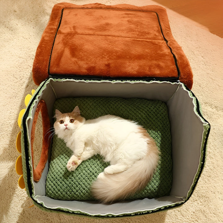 Katzenhaus aus Stoff, braun und grün, mit Katze, gemütliches Haustierbett, Indoor-Katzenzelt.
