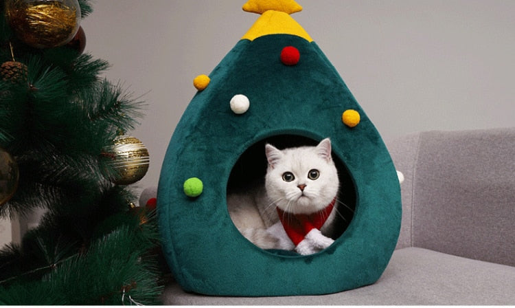 Weiße Katze in grünem Weihnachtsbaum-Katzenhaus aus Plüsch auf grauem Sofa.