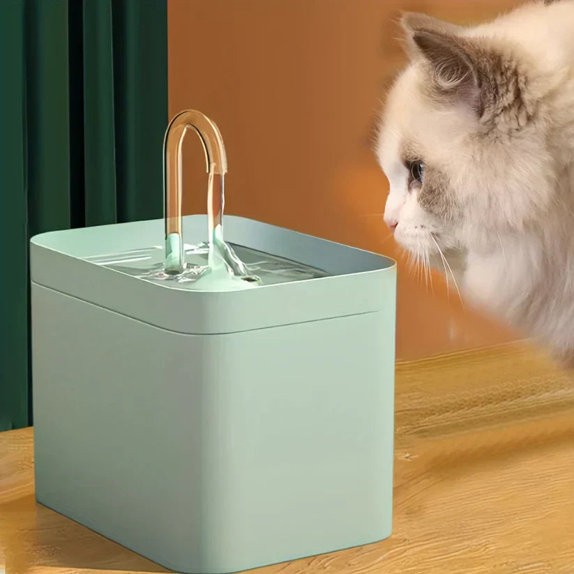 Katzenbrunnen aus Kunststoff in Mintgrün, modernes Design, Haustiertränke, fließendes Wasser.