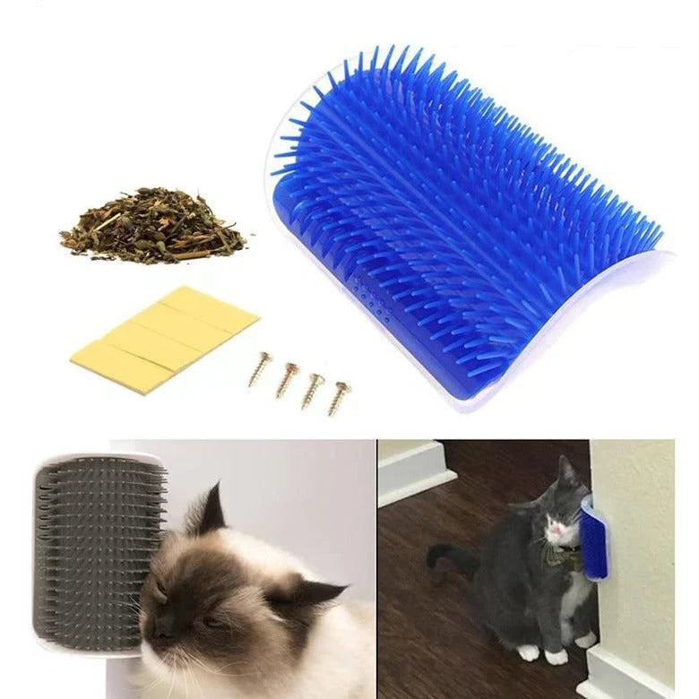 Katzen-Selbstpflegebürste blau, Wandmontage, Kunststoff, mit Katzenminze, Kratzschutz.