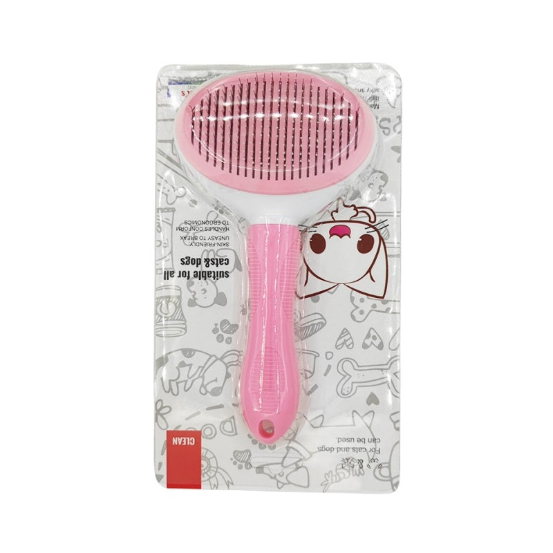 Rosa Haustierbürste für Katzen, ergonomischer Griff, Fellpflege, Verpackung, Kunststoff.