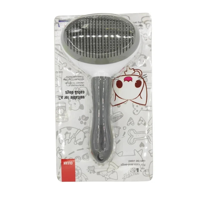 Hundebürste grau-weiß, ergonomischer Griff, ideal für Fellpflege, Verpackungsvorderseite.