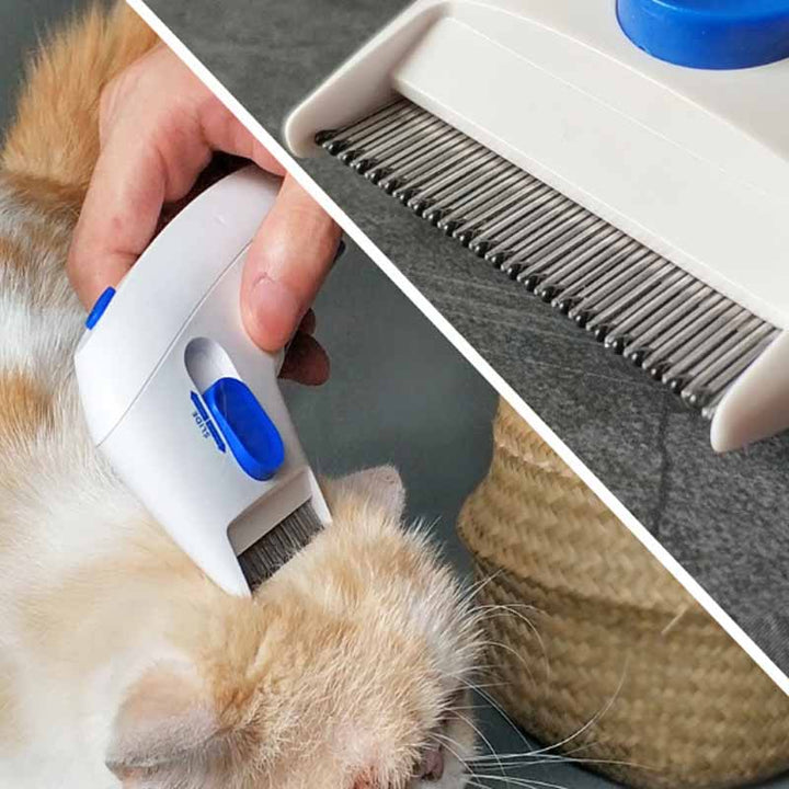 Elektrischer Haustier-Fellkamm, weiß-blau, entfernt lose Haare, Katzenpflege.