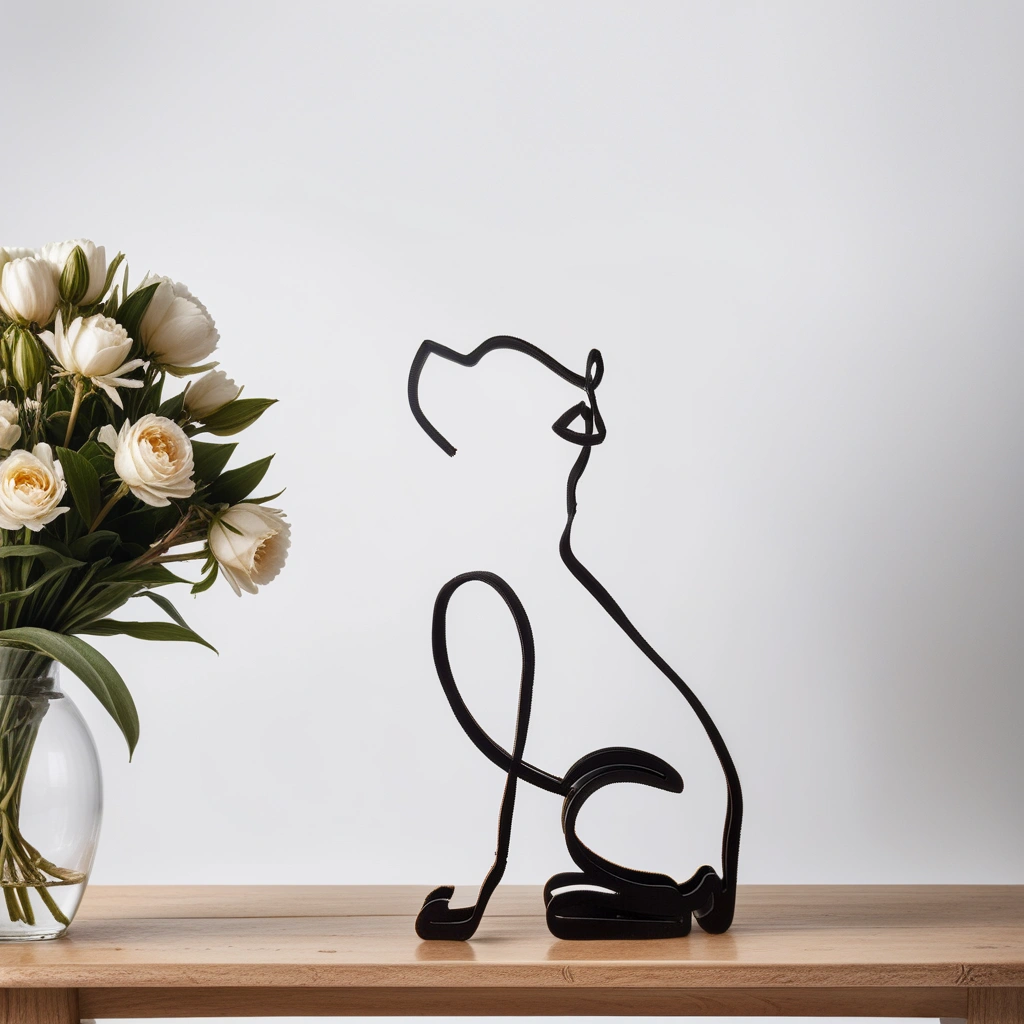 Schwarze Katzen-Skulptur aus Metall auf Holzregal neben Vase mit weißen Blumen.