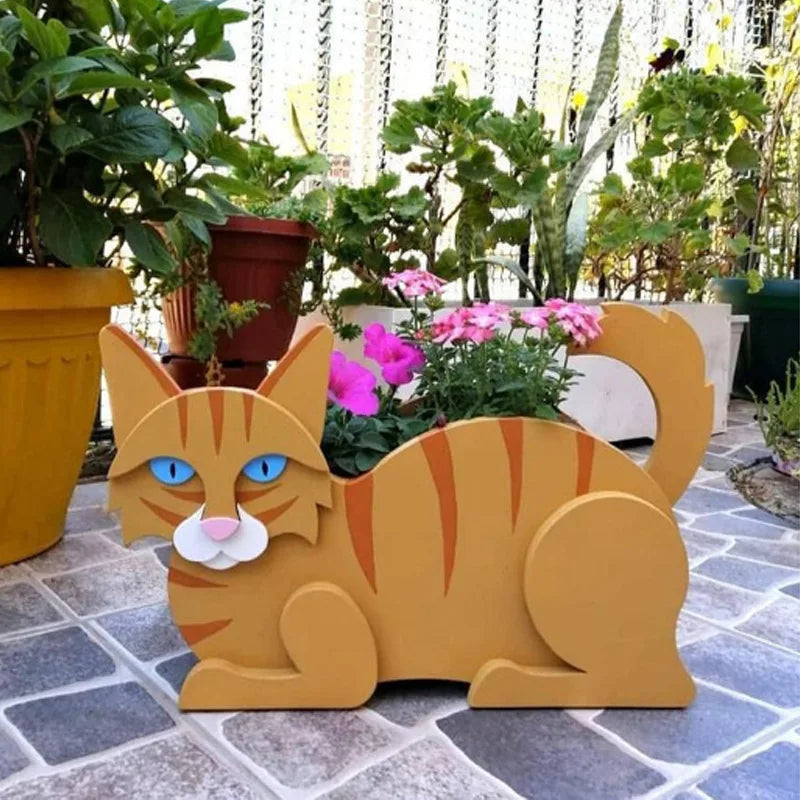 Katzenförmiger Pflanztopf aus Holz, braun, für Garten, mit rosa Blumen, dekorative Gartenskulptur.