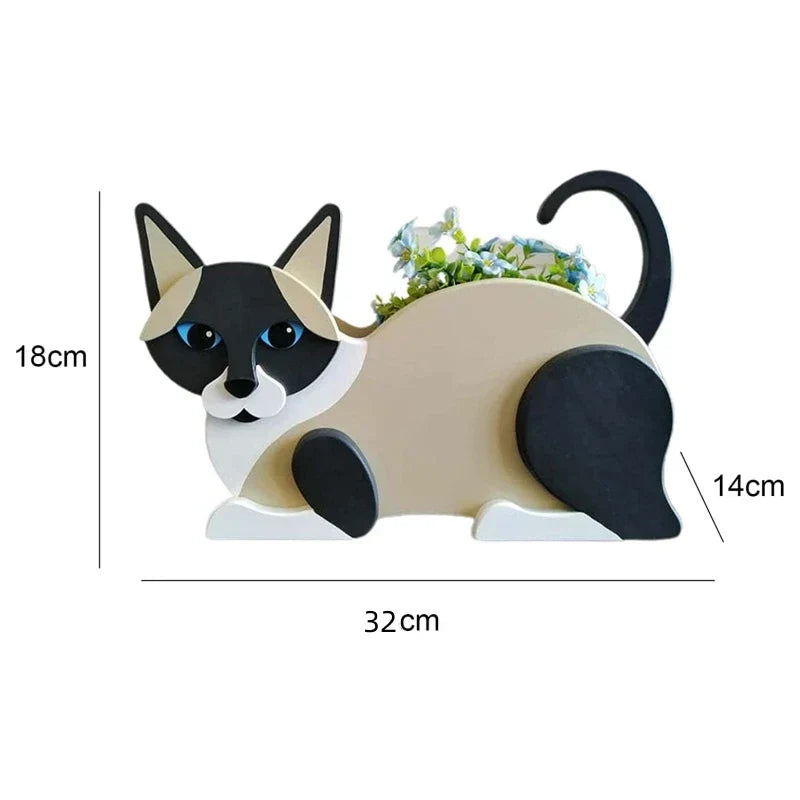 Katzenförmiger Blumentopf, DIY Garten Deko, beige-schwarz, 32x18x14cm, Pflanzgefäß.