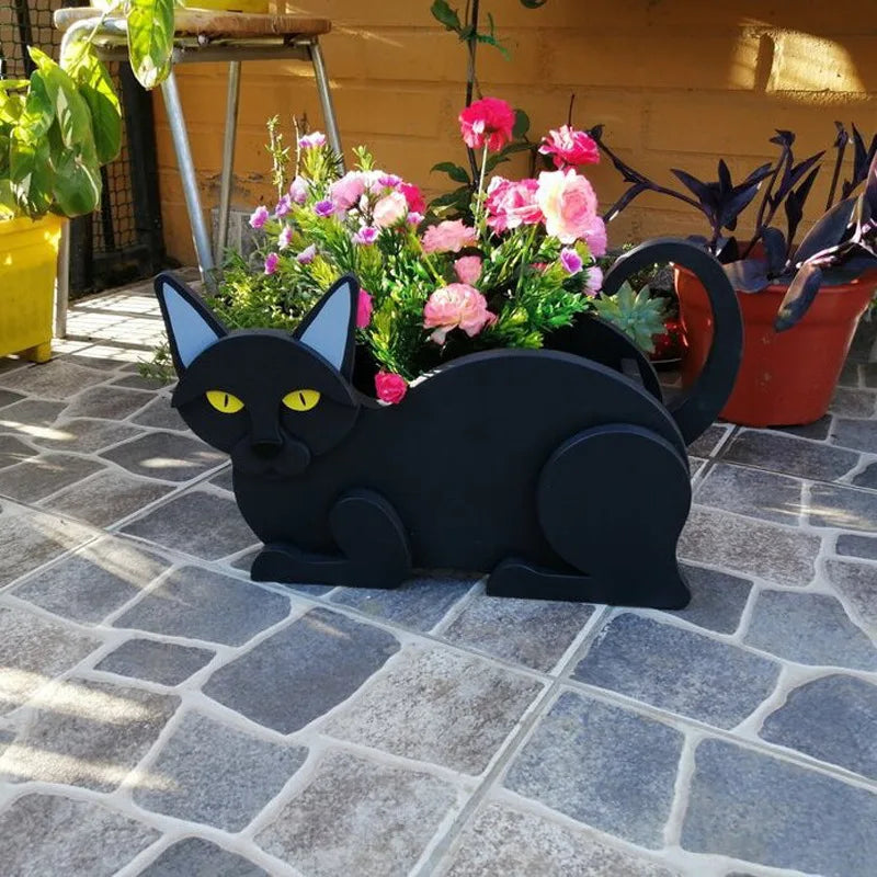 Schwarzer katzenförmiger Blumentopf mit bunten Blumen, Garten-Dekoration, wetterfest.