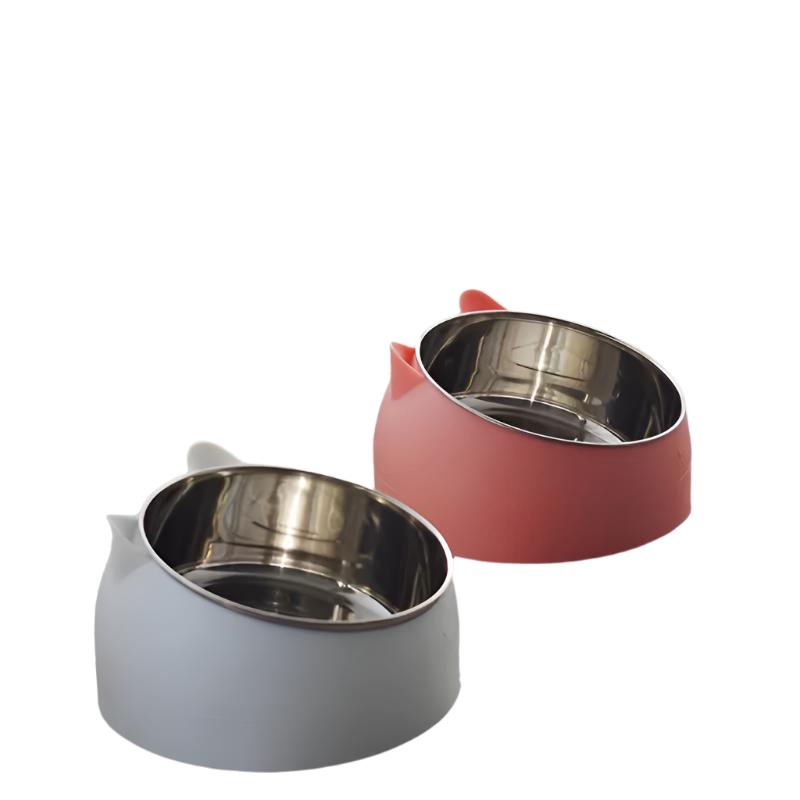 Zwei Katzennäpfe aus Edelstahl, rosa und grau, mit Ohren-Design, rutschfest.