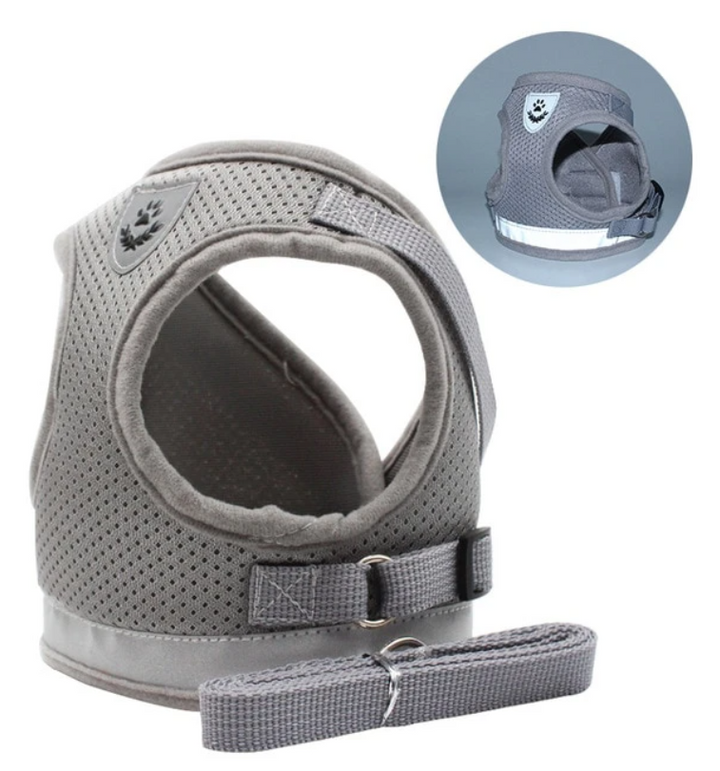 Graues Katzengeschirr mit Leine, atmungsaktiv, verstellbar, für sicheren Outdoor-Einsatz.
