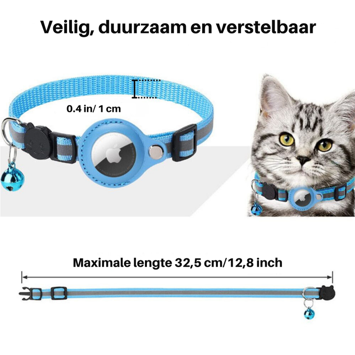 Blaues Katzenhalsband mit AirTag-Halterung, verstellbar, sicher, langlebig, mit Glocke.