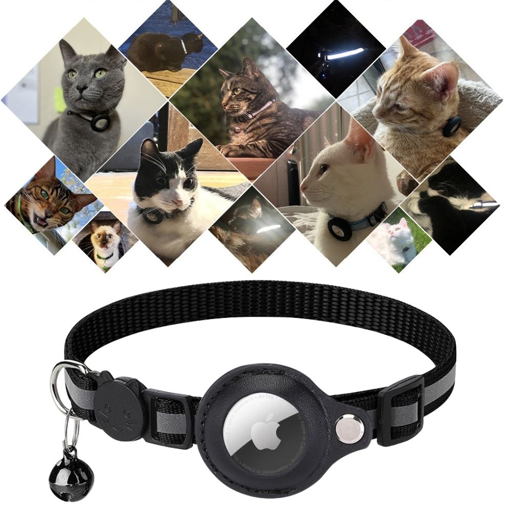 Schwarzes Katzenhalsband mit AirTag-Halterung und Glöckchen, ideal für Haustier-Tracking.