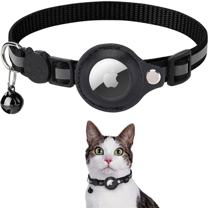 Schwarzes Katzenhalsband mit AirTag-Halterung und Glöckchen, reflektierend, Nylon.