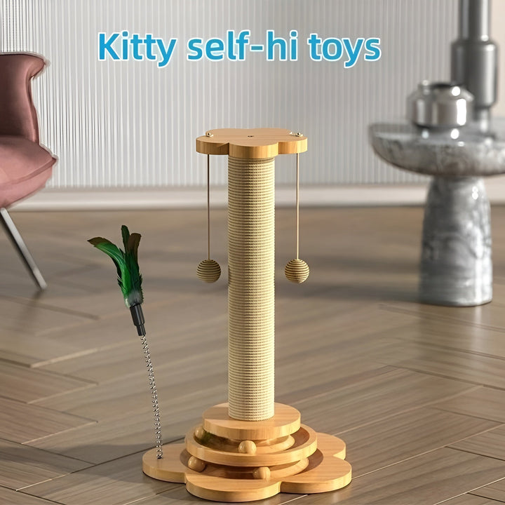 Kratzbaum für Katzen mit Spielzeug, Holz, Sisal, Feder, beige, modernes Design, Katzenzubehör.