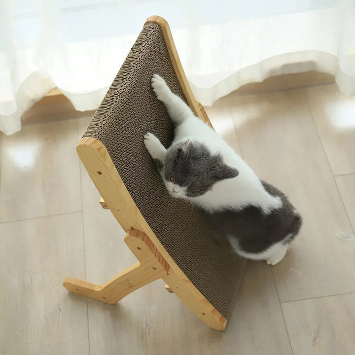 Katze auf Kratzbrett aus Holz und Pappe, stehend, helles Zimmer, Kratzmöbel für Katzen.