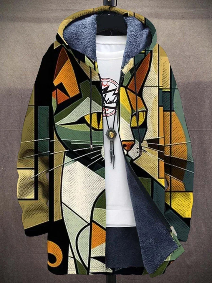 Bunte Katzen-Design-Hoodie, geometrisches Muster, warmes Futter, Unisex, modisch.