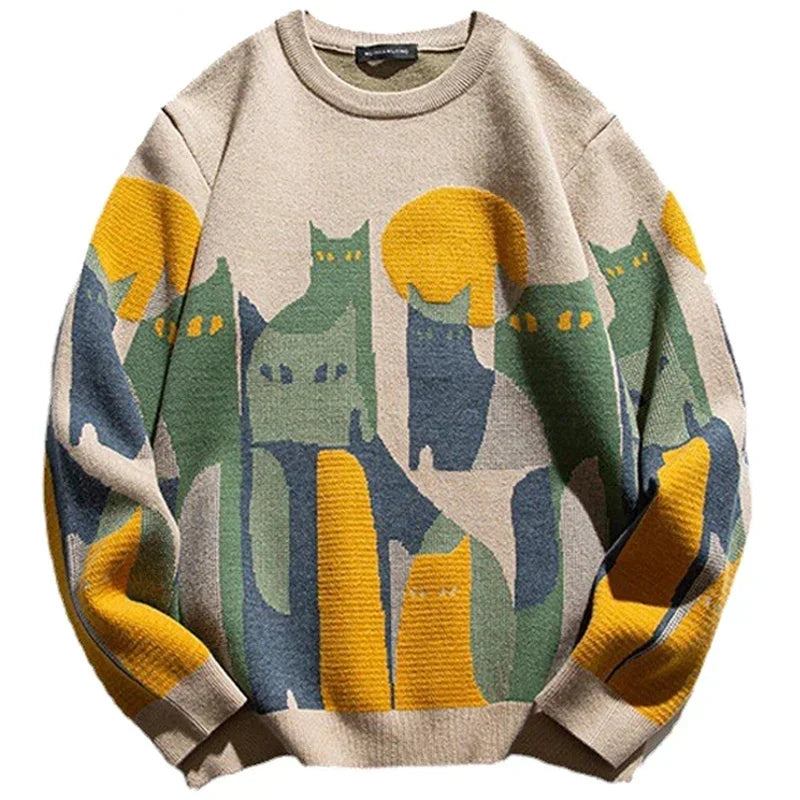 Harajuku Pullover mit Katzenmotiv, beige, gelb, grün, Unisex, modischer Strickpullover.