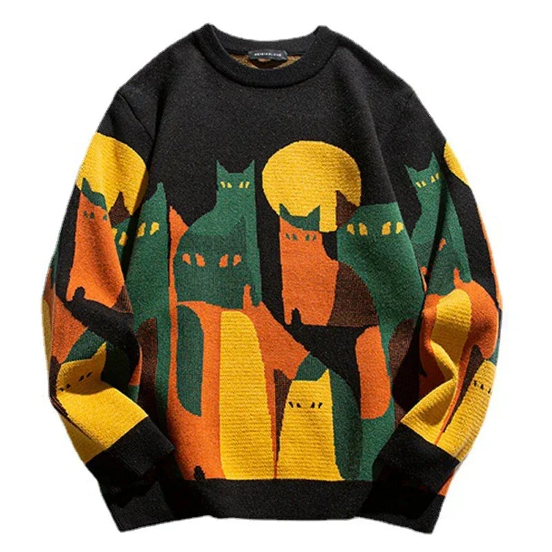 Harajuku Pullover mit Katzenmotiv, bunt, Unisex, Herbstmode, Baumwolle, Streetwear, Schwarz.