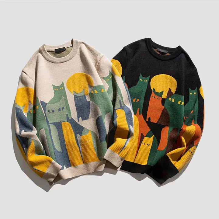 Zwei bunte Harajuku-Pullover mit Katzenmotiv, Unisex, Baumwolle, modisch, Herbstmode.