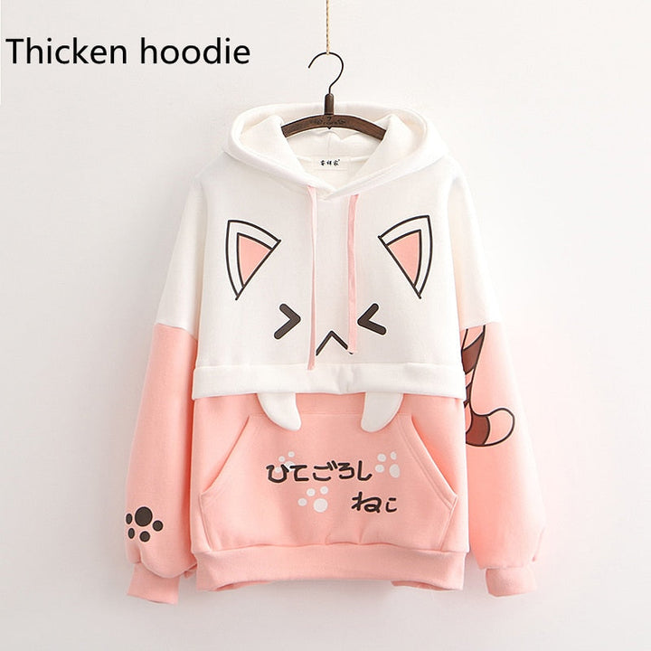 Kawaii Katzenohren Hoodie, rosa-weiß, dick, Kapuzenpullover, Cartoon-Design, Damenmode.