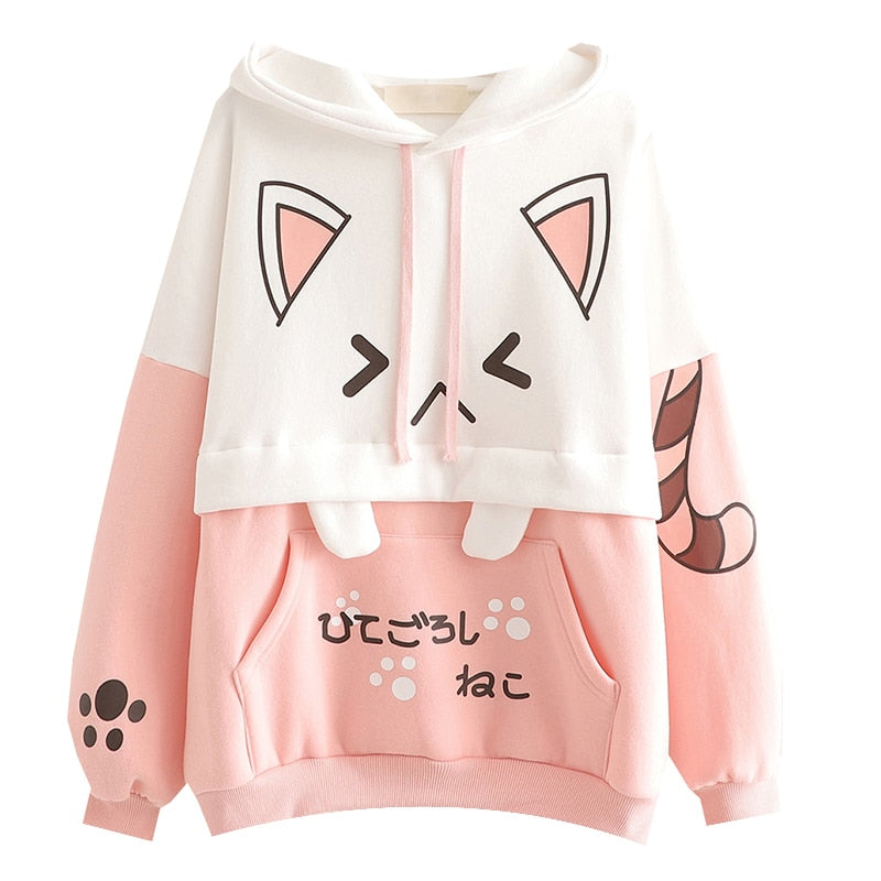 Kawaii Katzen Hoodie, rosa-weiß, mit Ohren und Pfoten, Damenmode, süßes Design.