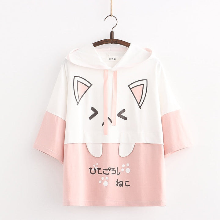 Kawaii Katzen Hoodie, rosa-weiß, mit Ohren und Pfoten, Damenmode, süßes Design.