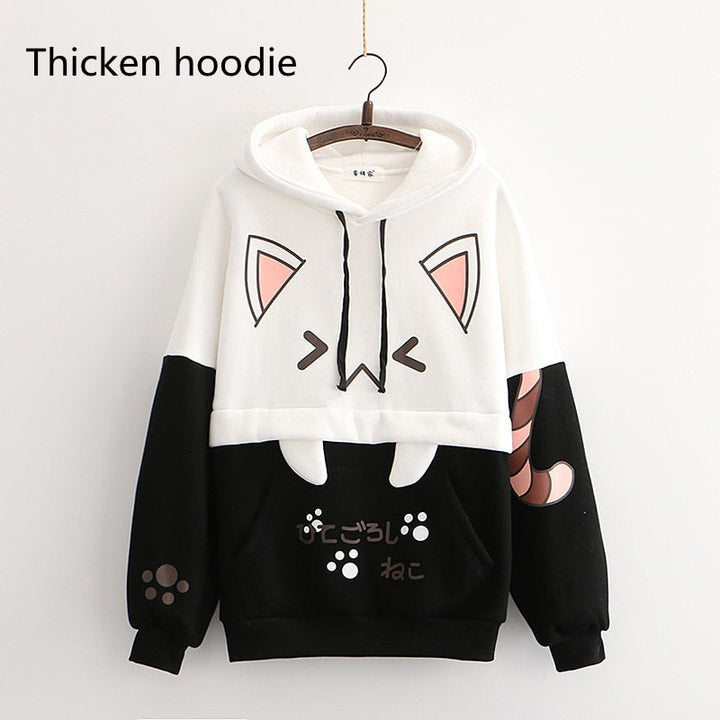 Weiß-schwarzer Katzen-Hoodie, dick, mit Ohren-Design, Kapuze, Baumwolle, Unisex.