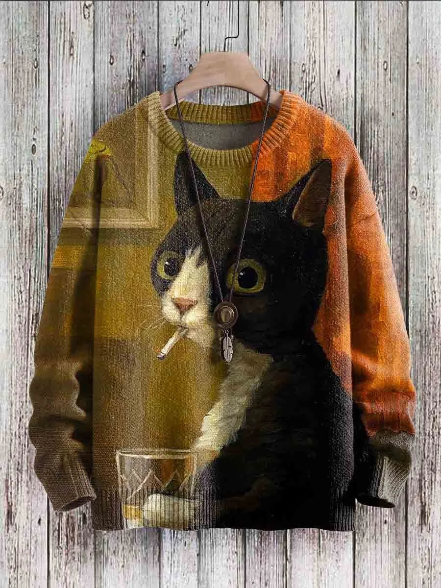 Pullover mit Katzenmotiv, Zigarette, Glas, Vintage-Stil, Unisex, Baumwolle, Holzoptik-Hintergrund
