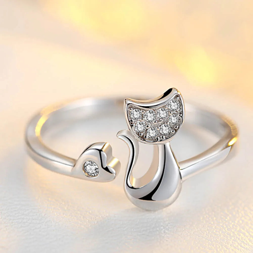 Silberner Katzenring mit Herz, Zirkonia-Steinen, verstellbar, modisches Schmuckstück.