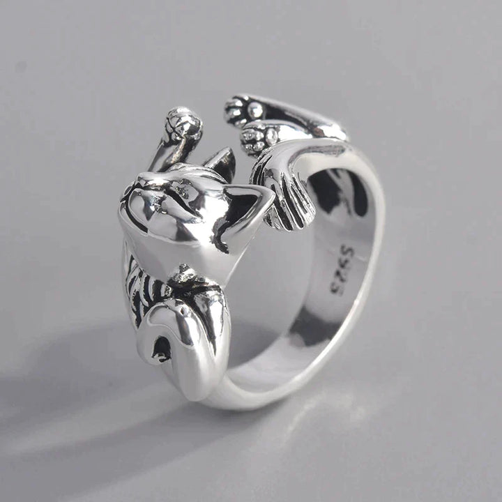 Silberner Katzenring, verstellbar, 925 Sterling Silber, Tiermotiv, modisches Schmuckstück.
