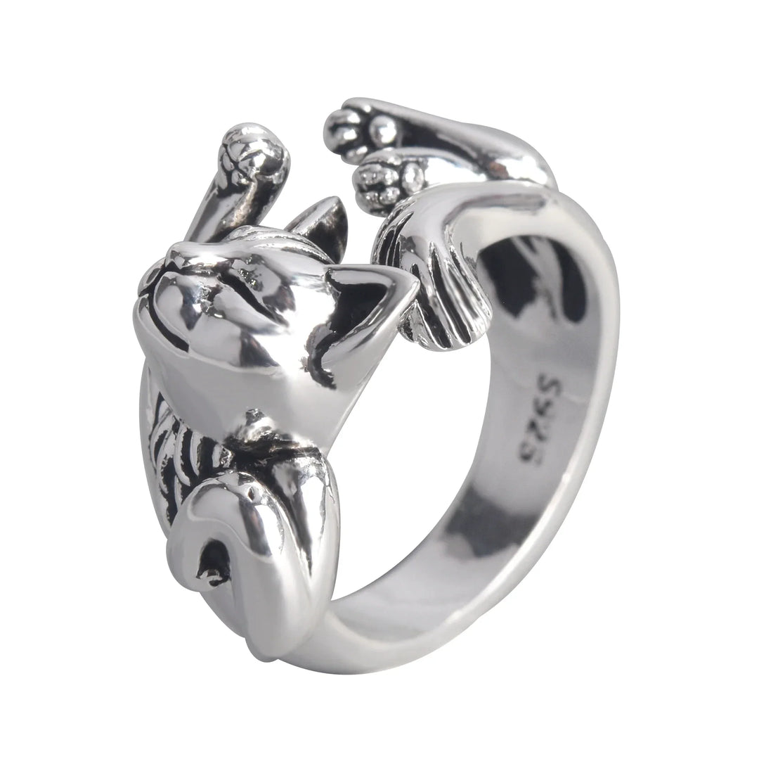 Silberner Katzenring, verstellbar, Edelstahl, modisches Accessoire, Geschenkidee.