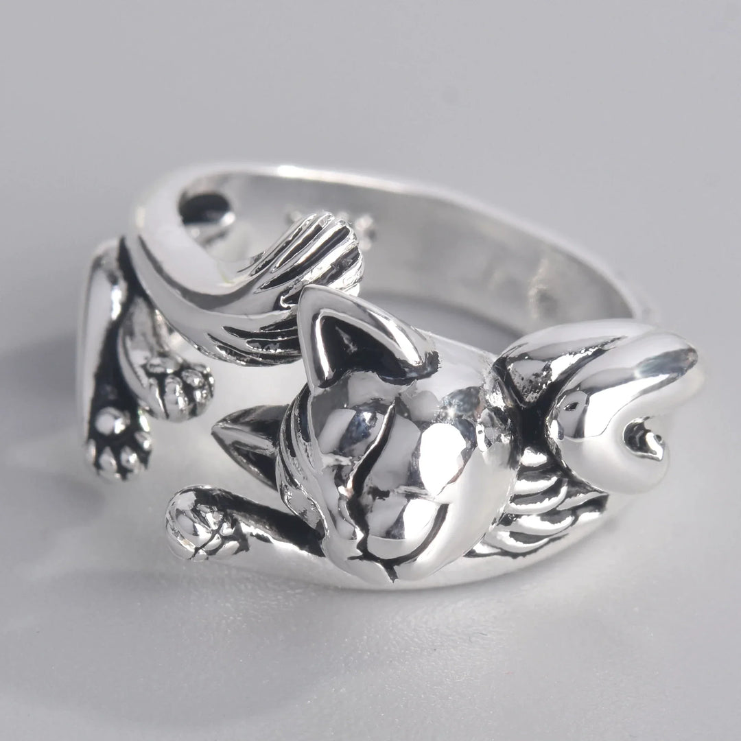 Silberner Katzenring, verstellbar, Tiermotiv, glänzend, Schmuck für Katzenliebhaber.