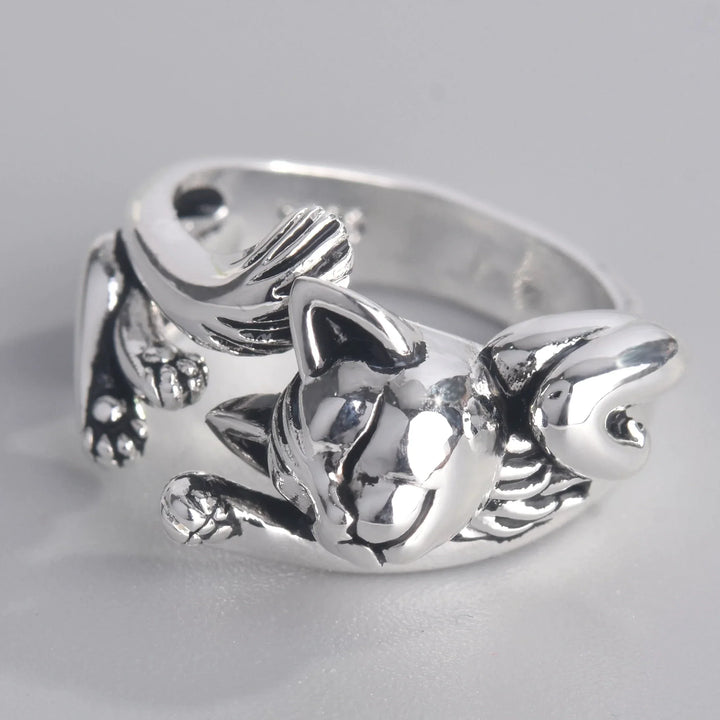 Silberner Katzenring, verstellbar, Tiermotiv, glänzend, Schmuck für Katzenliebhaber.