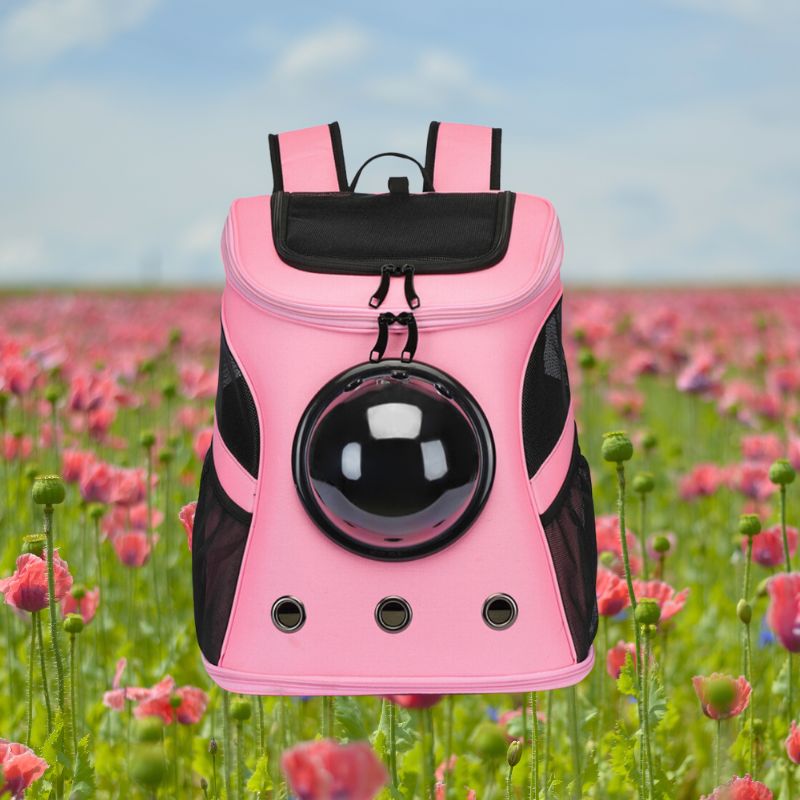 Rosa Katzentragetasche mit Sichtfenster, Rucksackstil, ideal für Reisen und Outdoor-Aktivitäten.