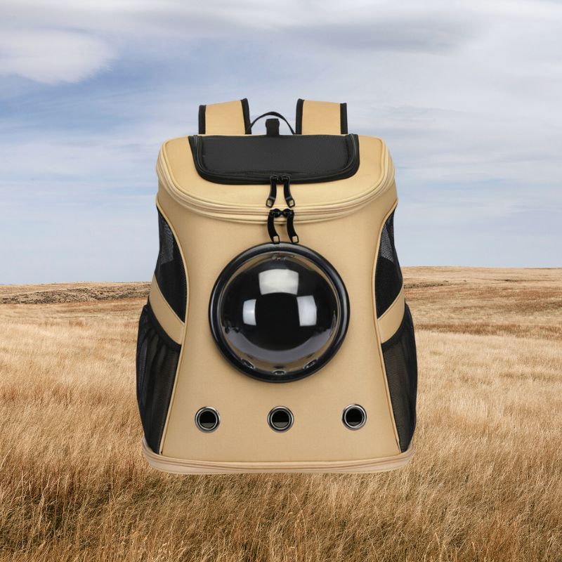 Beiger Katzenrucksack mit Sichtfenster, atmungsaktiv, ideal für Reisen und Outdoor-Aktivitäten.