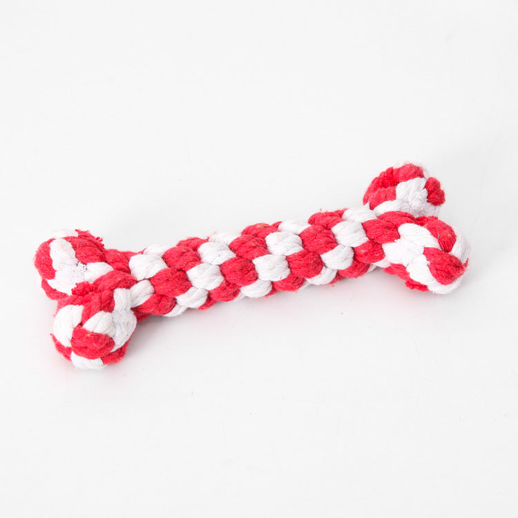 Rotes und weißes Kauspielzeug für Hunde, Knotenform, Baumwolle, robust und langlebig.