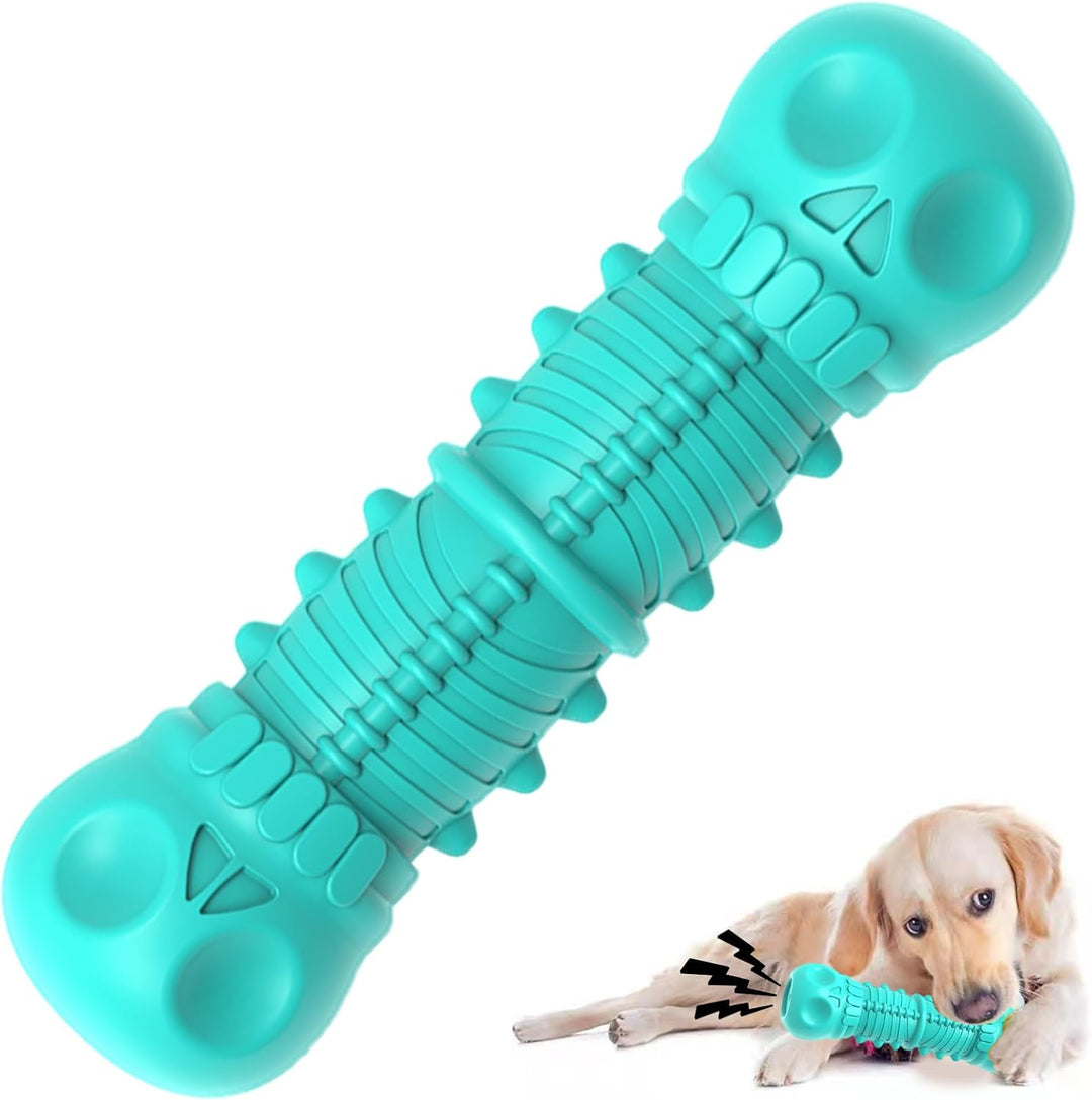 Türkises Hundespielzeug in Knochenform aus Gummi, langlebig und zahnfreundlich.