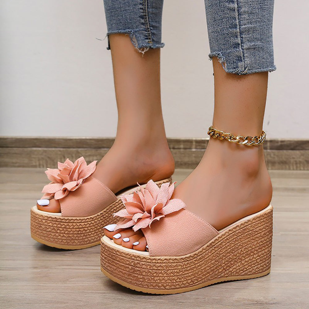 Damen Plateau-Sandalen rosa mit Blumen, Keilabsatz, Sommermode, Freizeitschuhe.
