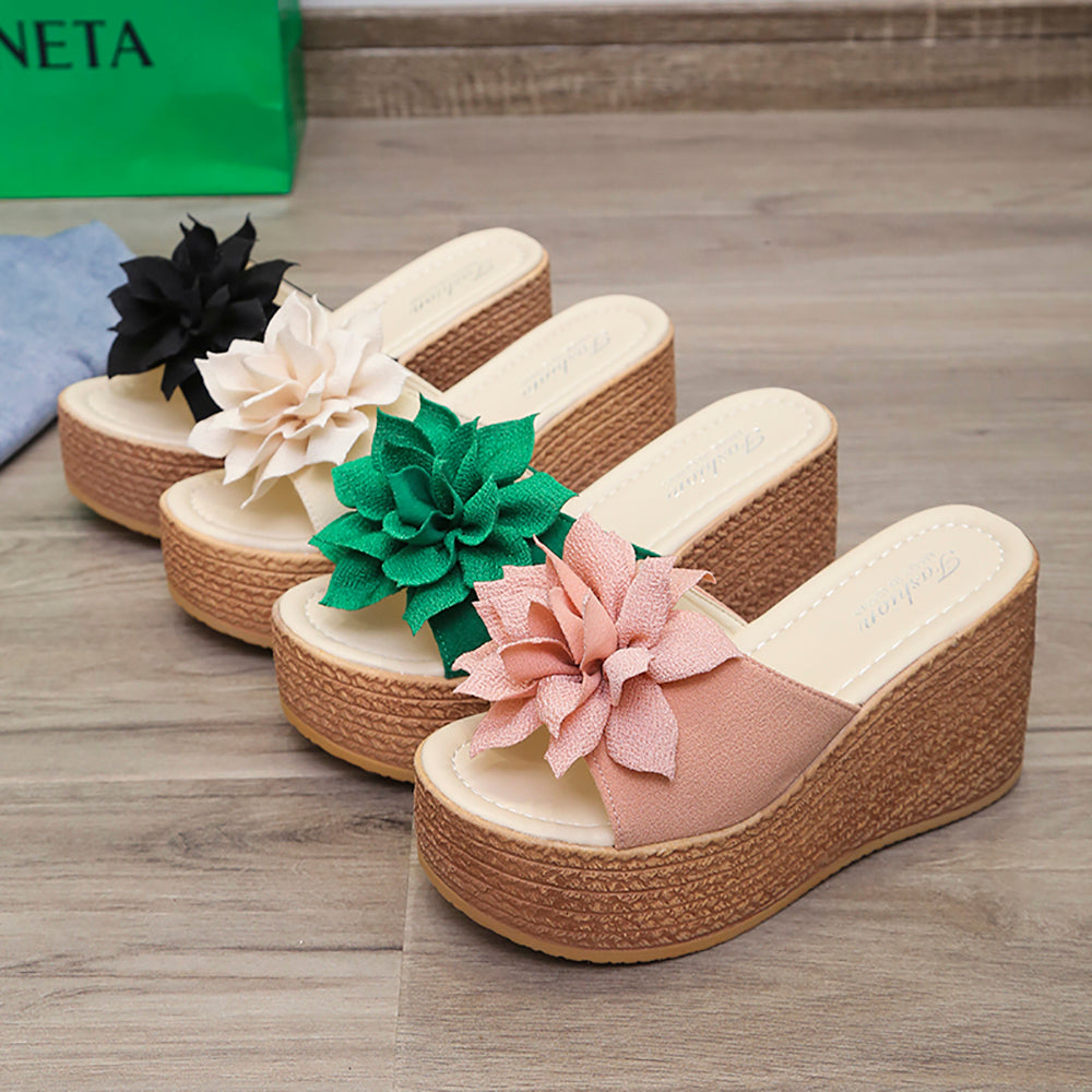 Damen Plateau-Sandalen mit Blumen, Beige, Grün, Schwarz, Sommermode, Keilabsatz, bequem.